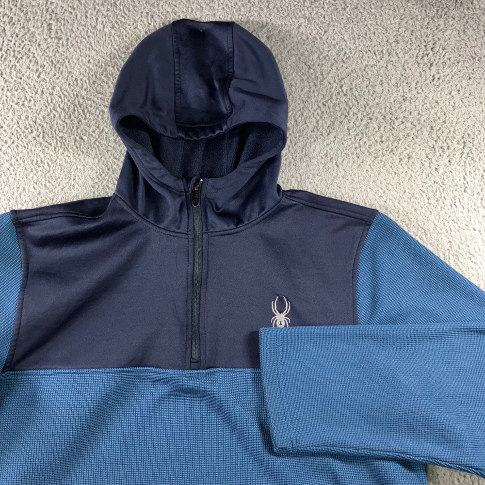 Spyder Hoodie Quarter Zip Pullover Mens XL Blue Gorpcore Waffle Knit Fleece